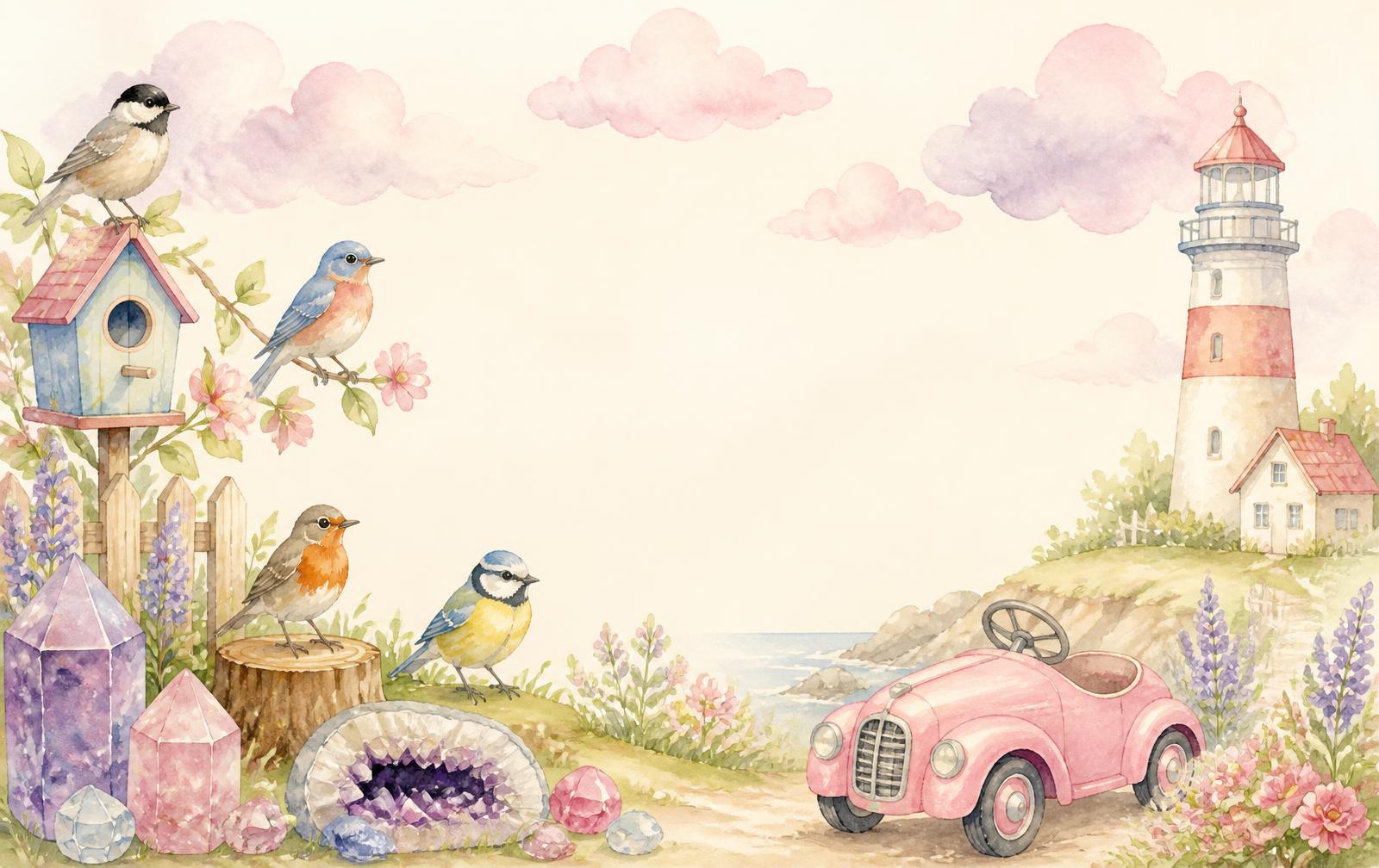 Watercolor illustration of backyard birds, gemstones, a toy car and a lighthouse
